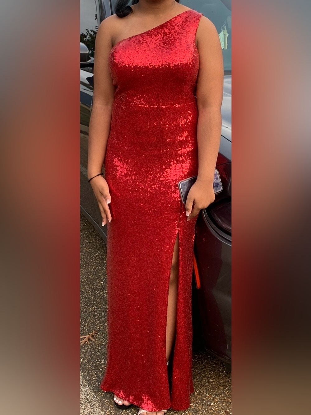 B Darlin Red Sequin Slit Prom Dress
